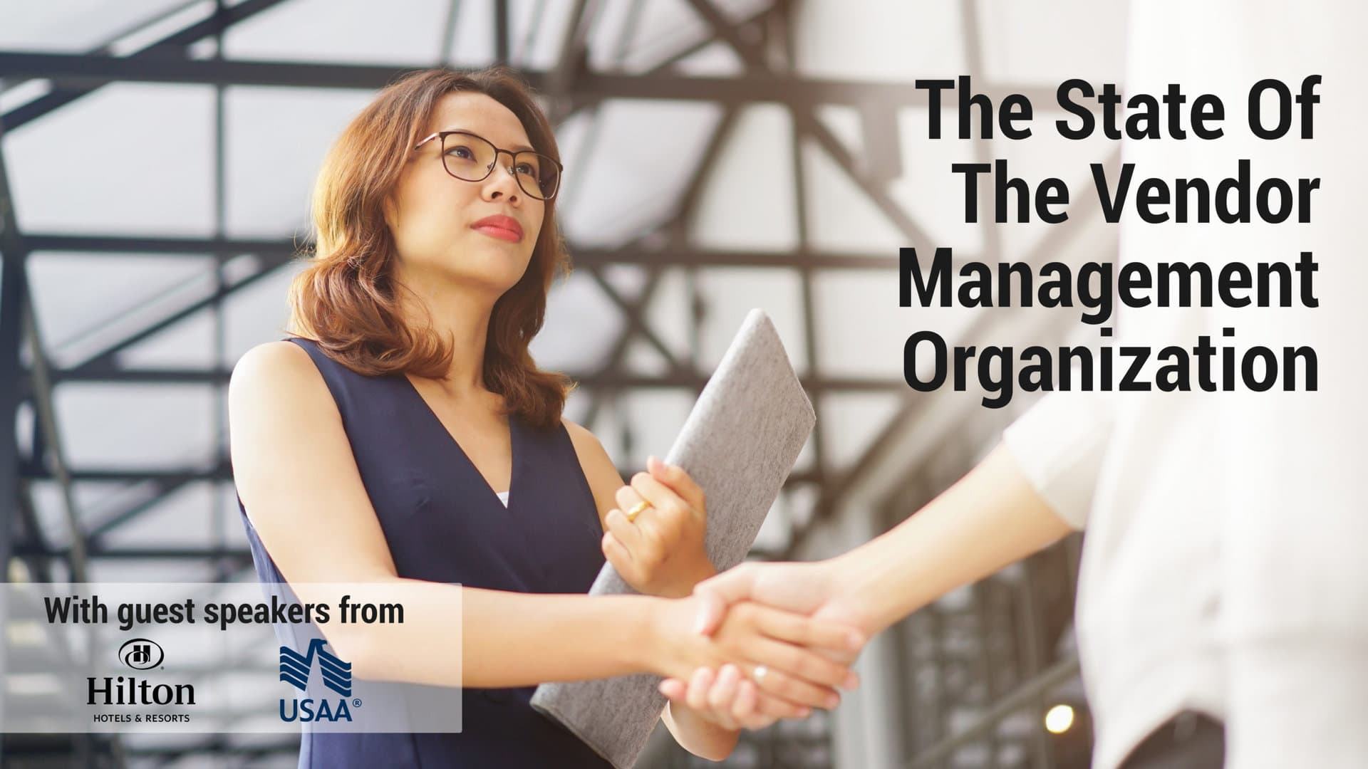 Close up of lady shaking a hand with the title of: The state of the vendor management organization